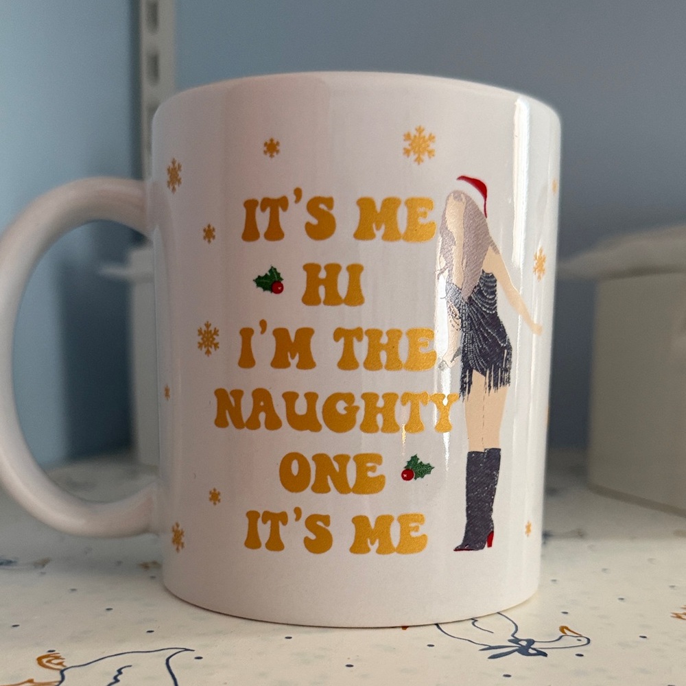 Source Unknown White Mug with Gold and Red Accents